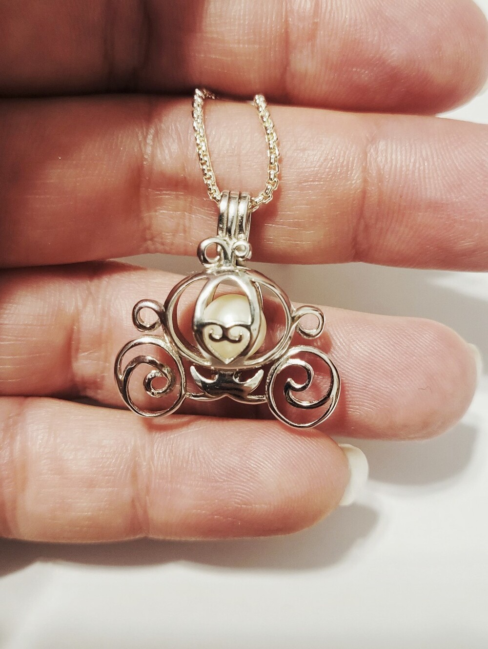 Disney Sterling Silver With Genuine Pearl In Cinderella Carriage Pendant